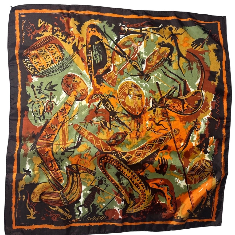 Vtg Thomas Frank Australia Square Scarf MCM Aboriginal Bark Painting Style No. 3